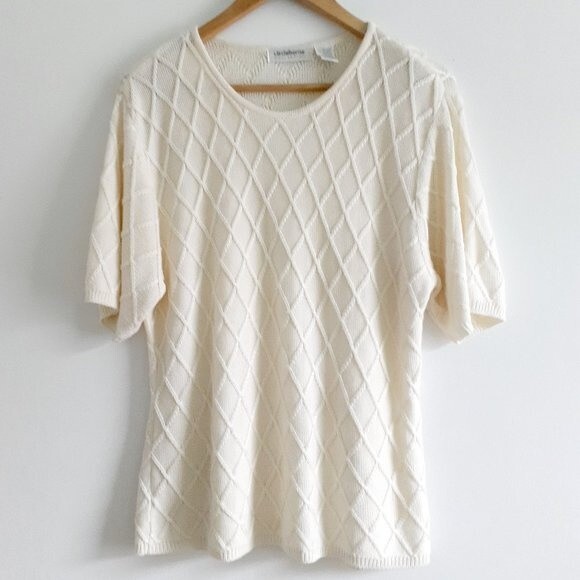 Liz Claiborne Collection Cream Argyle Knit Pattern Short Sleeve Sweater Large - Picture 3 of 9